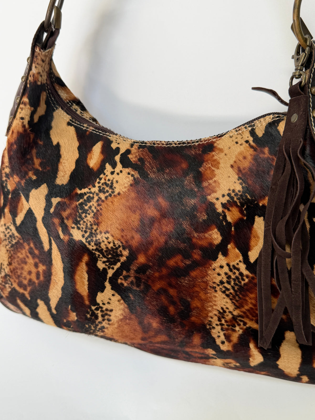 Pony Hair Leopard Print Shoulder Bag with Suede Tassel