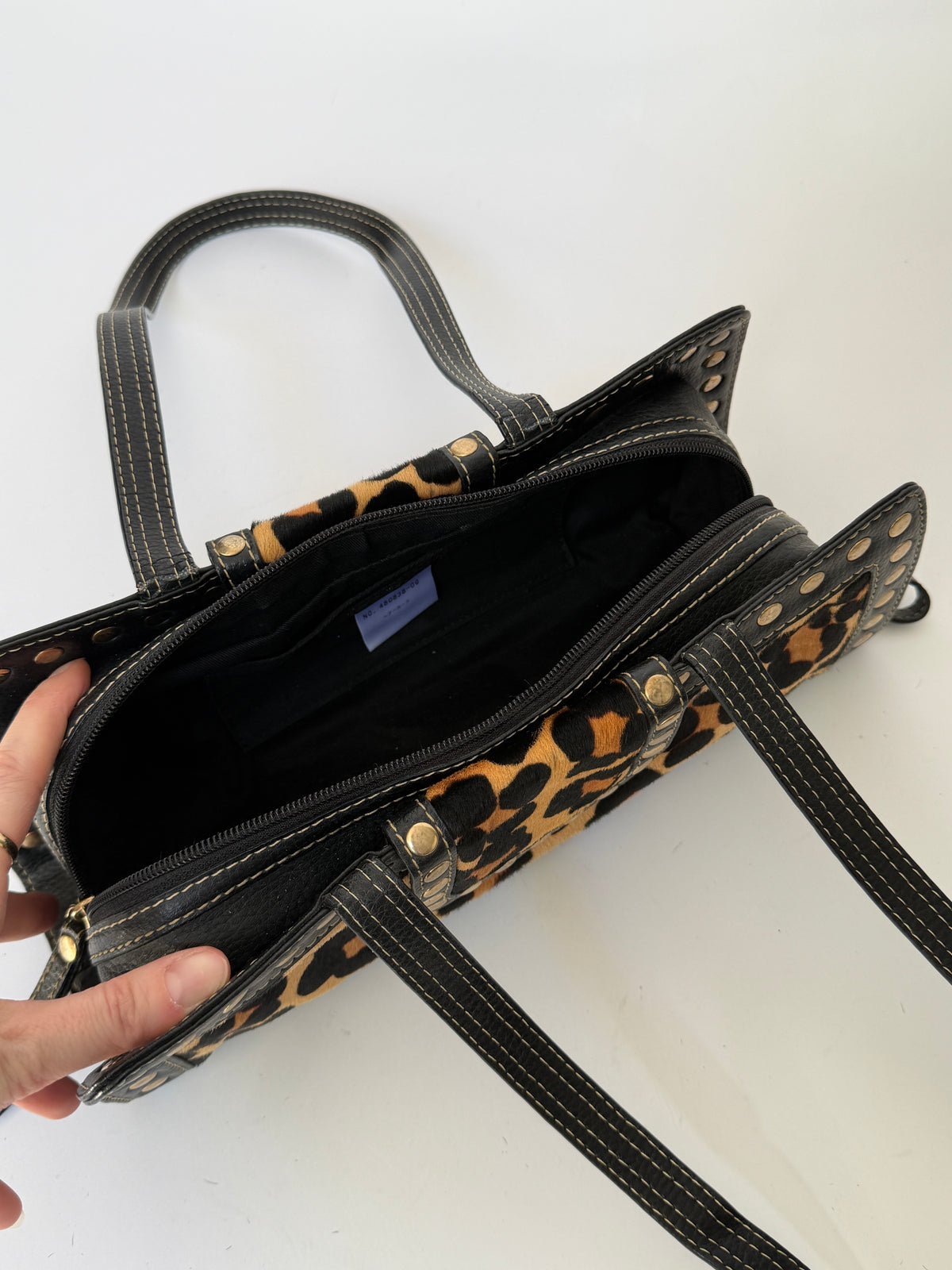 Leopard Print Pony Hair Studded East West Bag