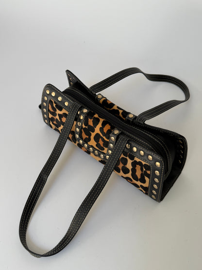 Leopard Print Pony Hair Studded East West Bag