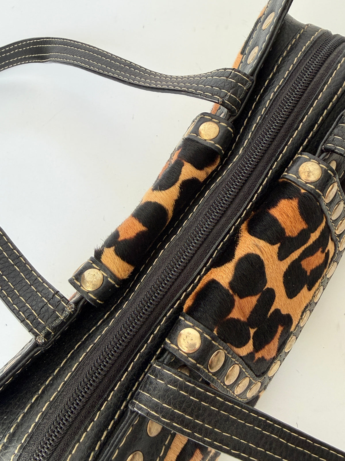 Leopard Print Pony Hair Studded East West Bag