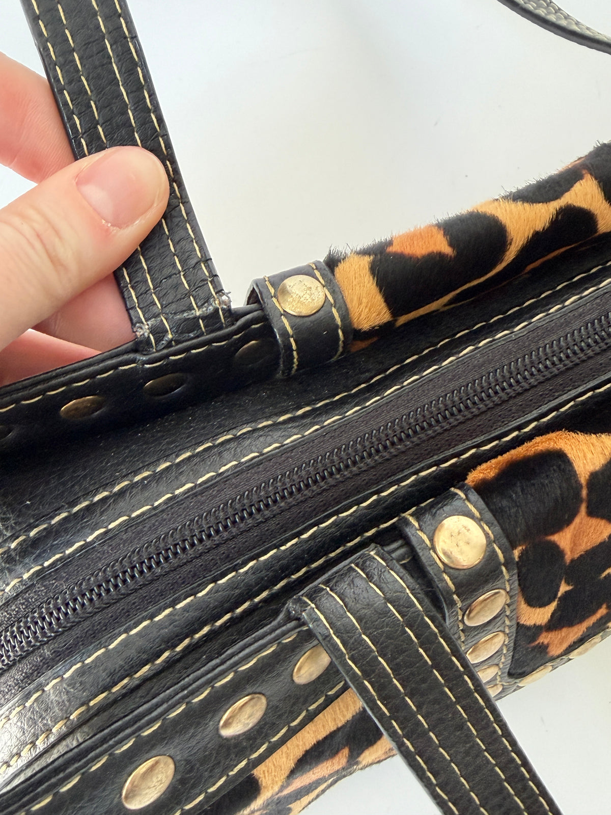 Leopard Print Pony Hair Studded East West Bag