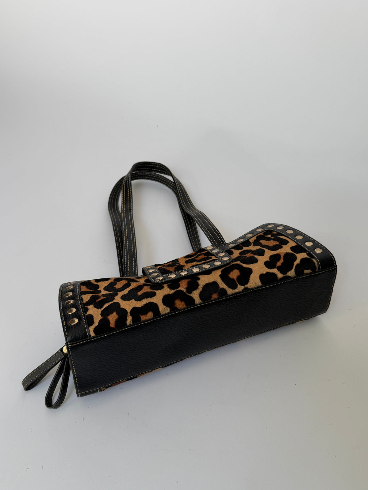 Leopard Print Pony Hair Studded East West Bag