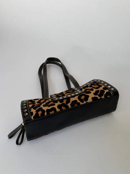 Leopard Print Pony Hair Studded East West Bag