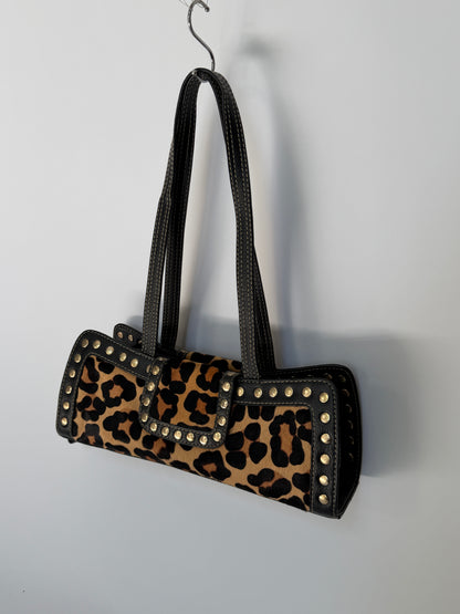 Leopard Print Pony Hair Studded East West Bag