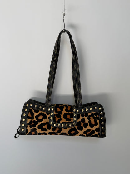 Leopard Print Pony Hair Studded East West Bag