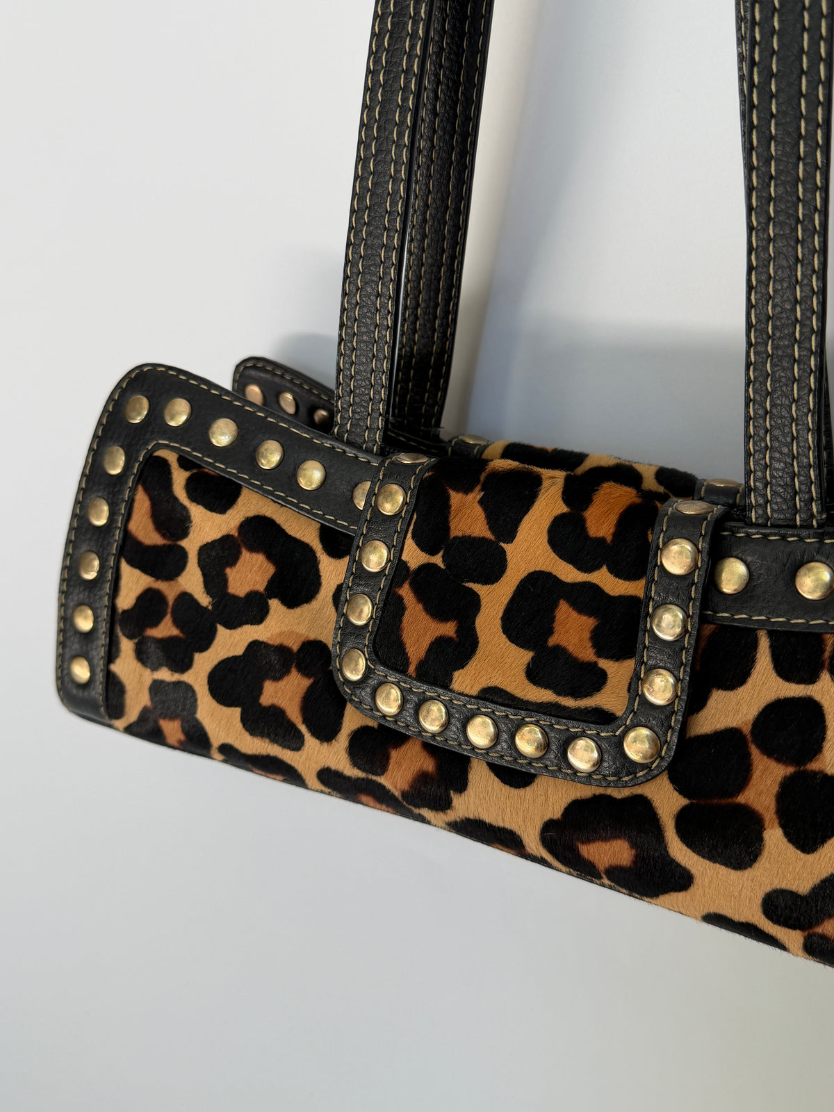 Leopard Print Pony Hair Studded East West Bag