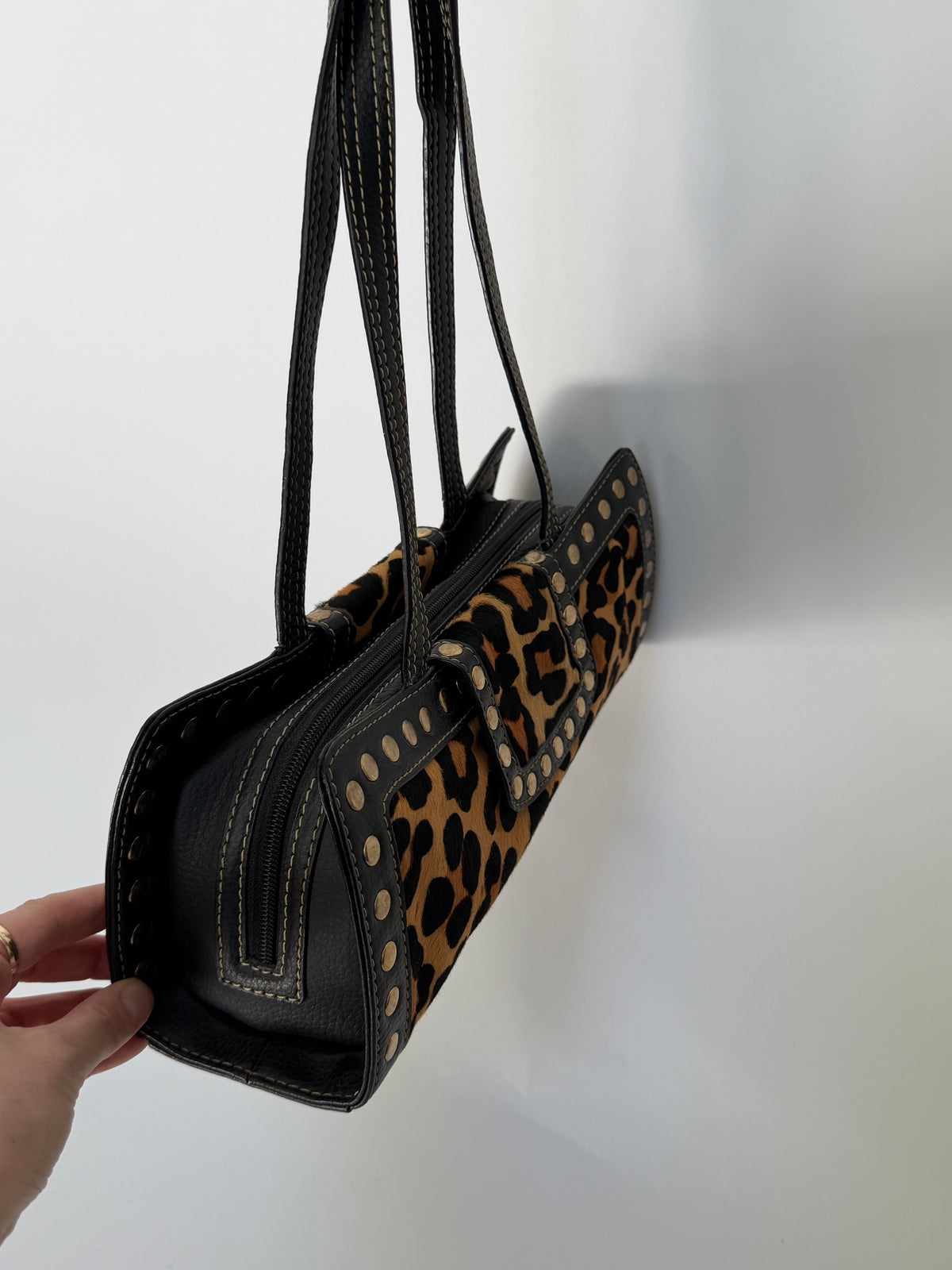 Leopard Print Pony Hair Studded East West Bag