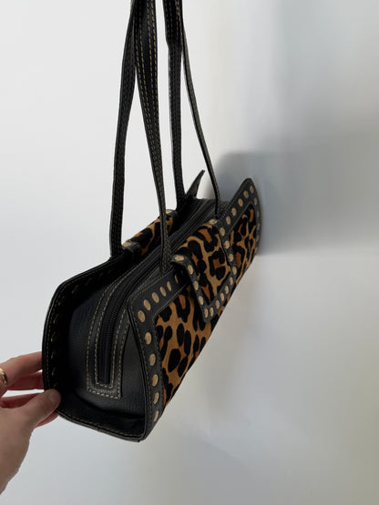Leopard Print Pony Hair Studded East West Bag