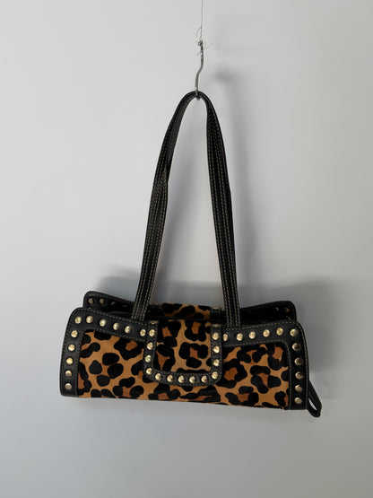 Leopard Print Pony Hair Studded East West Bag