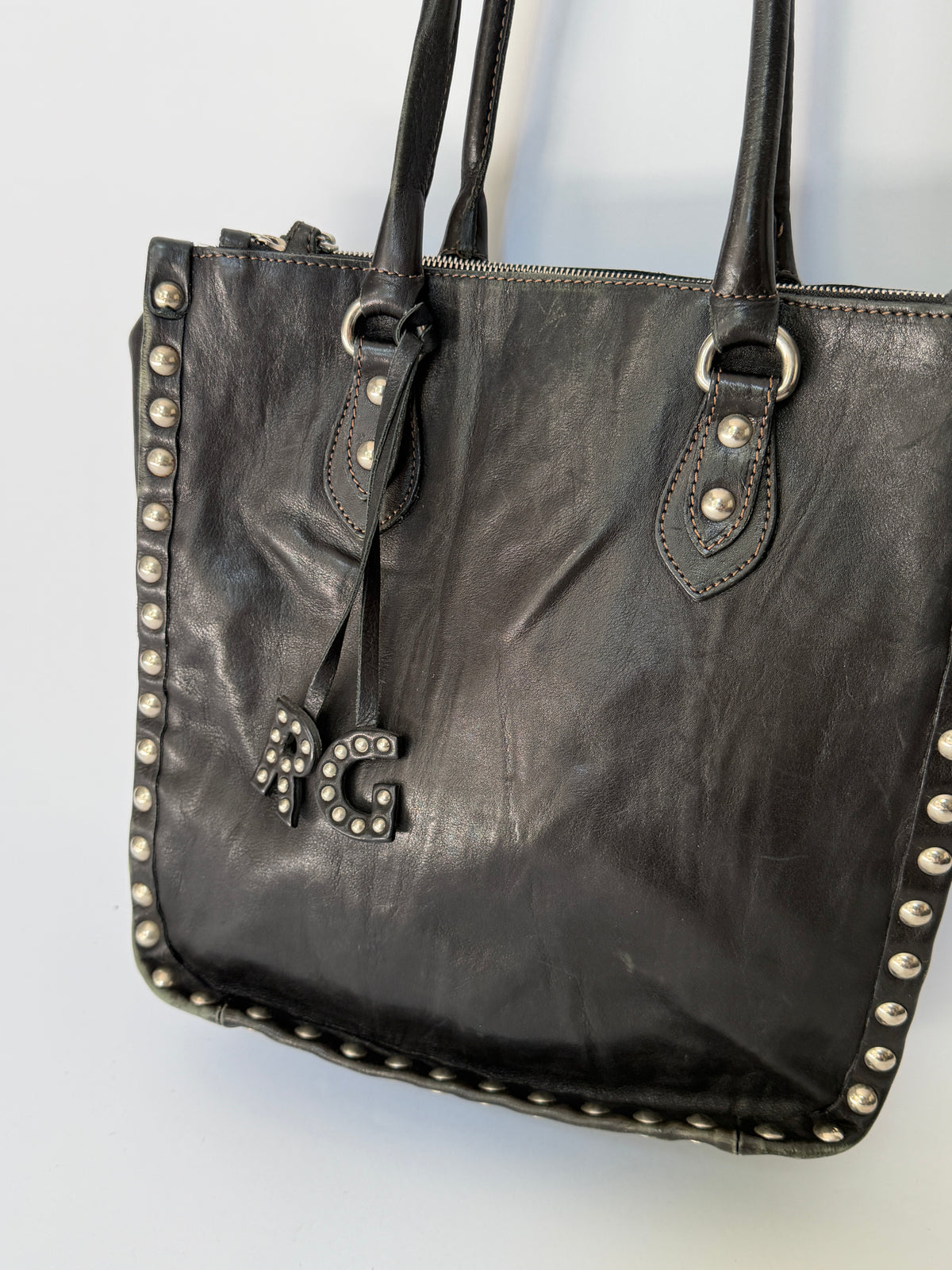 Black Leather Studded Tote Bag