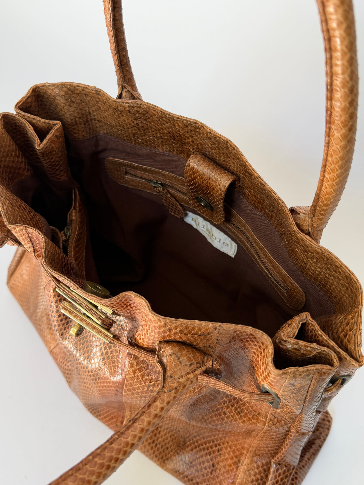 Tan Python Print Tote Bag with Belted Turn Lock Front