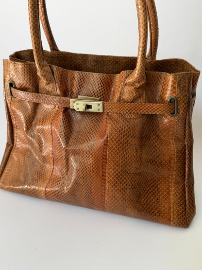 Tan Python Print Tote Bag with Belted Turn Lock Front