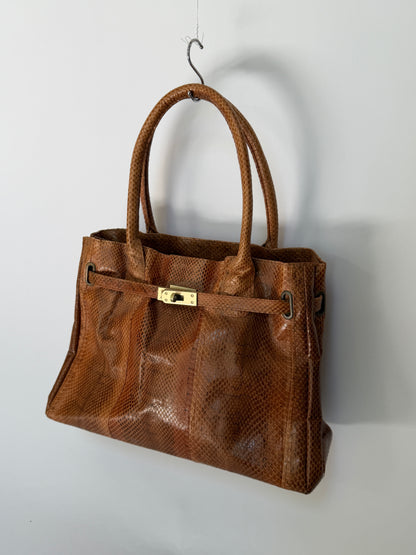 Tan Python Print Tote Bag with Belted Turn Lock Front
