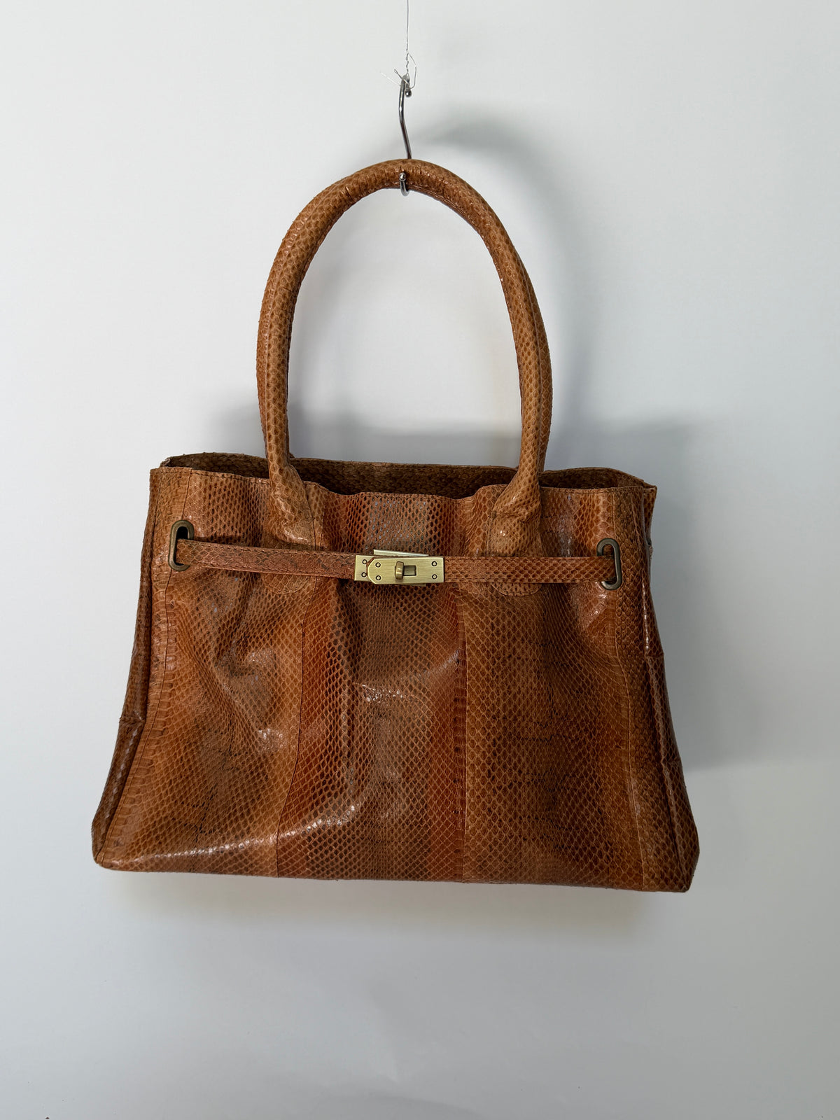 Tan Python Print Tote Bag with Belted Turn Lock Front