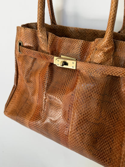 Tan Python Print Tote Bag with Belted Turn Lock Front