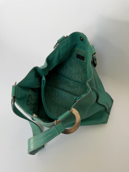 Teal Pebbled Leather Shoulder Bag with Silver Ring Hardware
