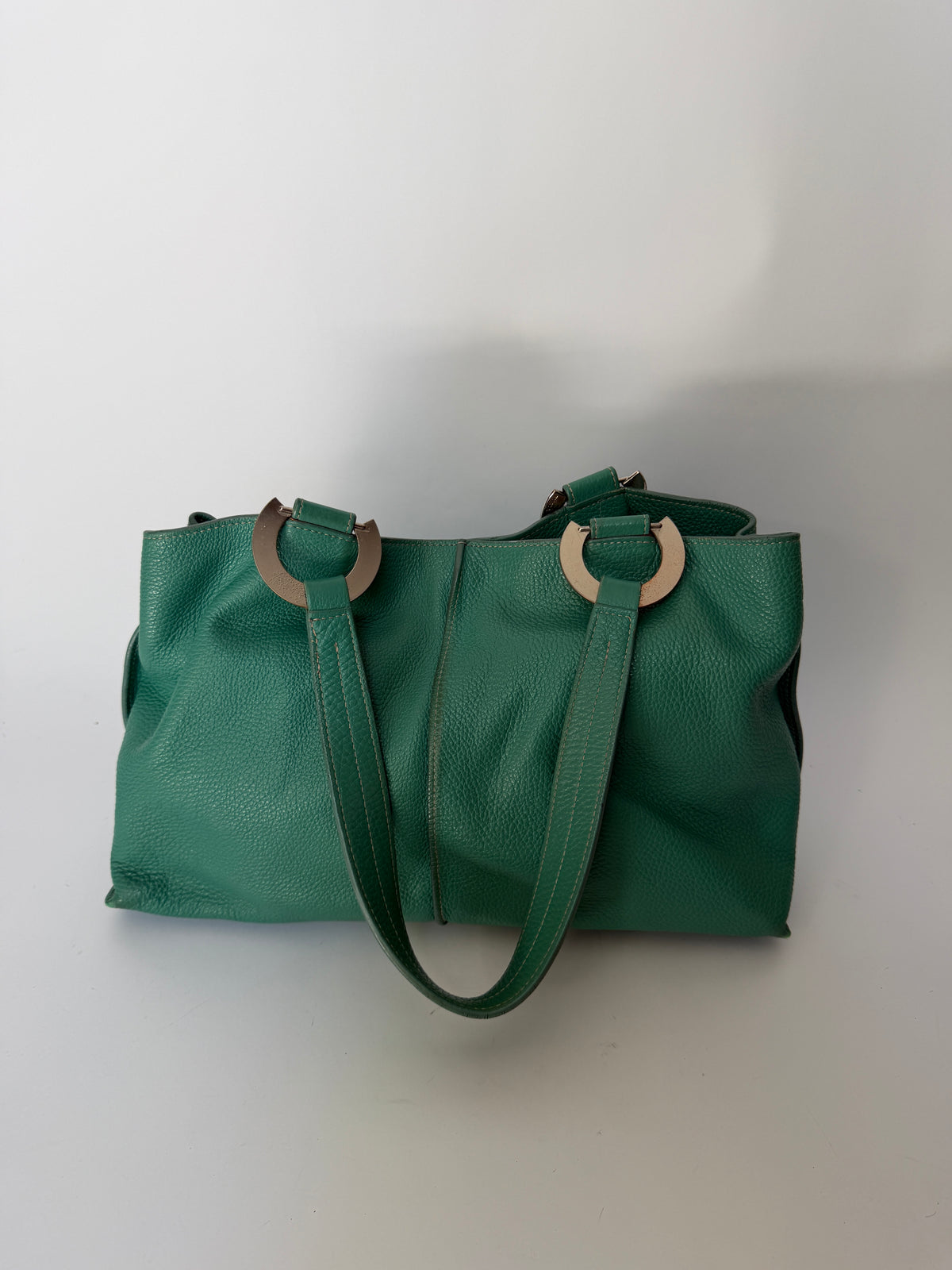 Teal Pebbled Leather Shoulder Bag with Silver Ring Hardware