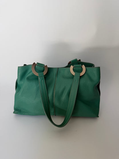 Teal Pebbled Leather Shoulder Bag with Silver Ring Hardware