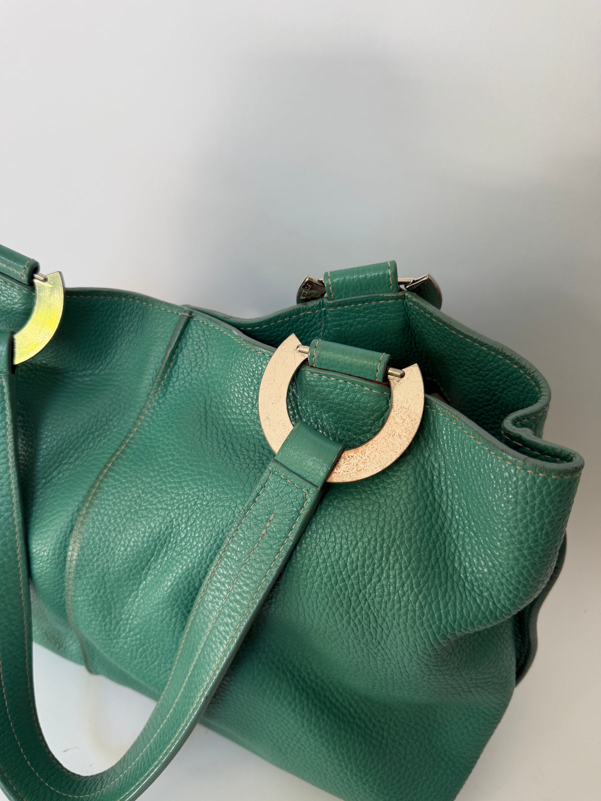 Teal Pebbled Leather Shoulder Bag with Silver Ring Hardware