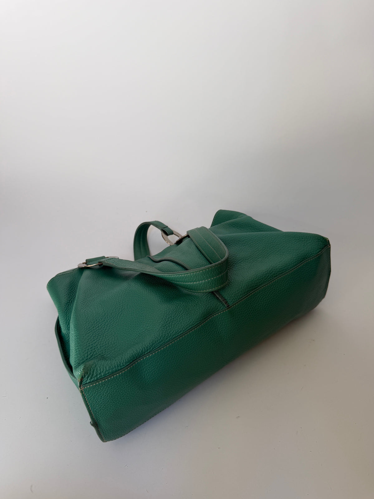 Teal Pebbled Leather Shoulder Bag with Silver Ring Hardware