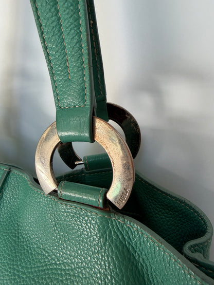 Teal Pebbled Leather Shoulder Bag with Silver Ring Hardware
