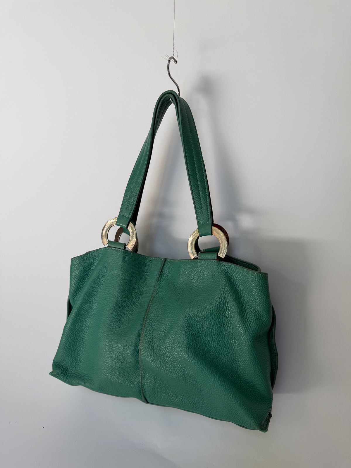 Teal Pebbled Leather Shoulder Bag with Silver Ring Hardware