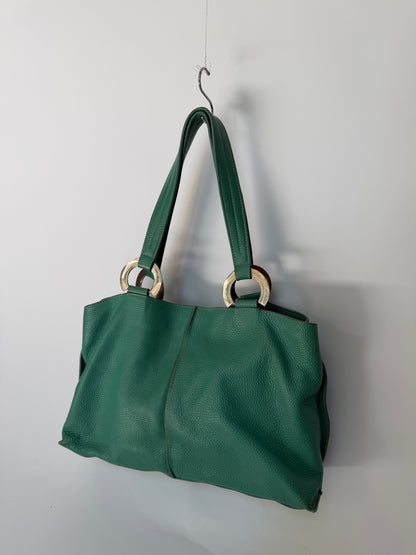 Teal Pebbled Leather Shoulder Bag with Silver Ring Hardware
