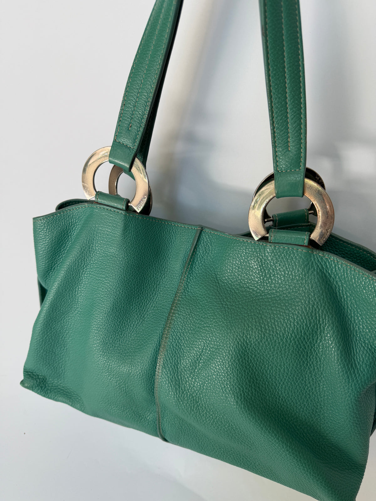 Teal Pebbled Leather Shoulder Bag with Silver Ring Hardware