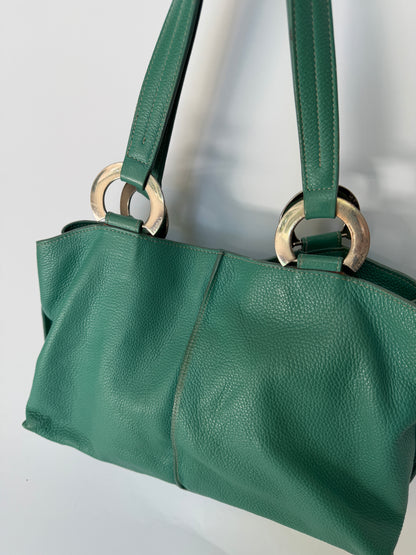 Teal Pebbled Leather Shoulder Bag with Silver Ring Hardware
