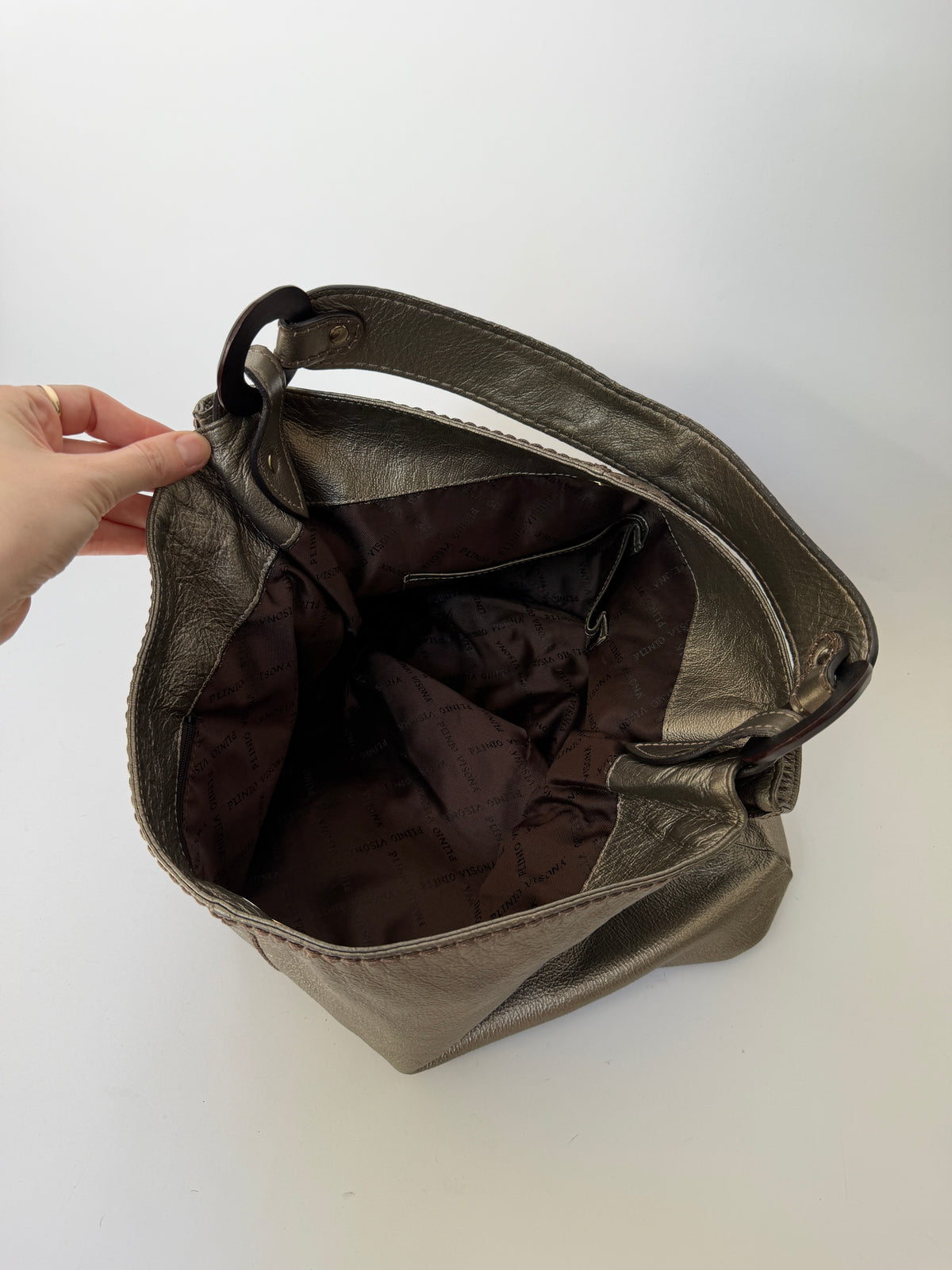 Metallic Dark Silver/Bronze Leather Bag with Wooden Ring Hardware