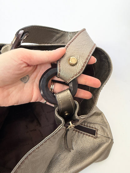 Metallic Dark Silver/Bronze Leather Bag with Wooden Ring Hardware