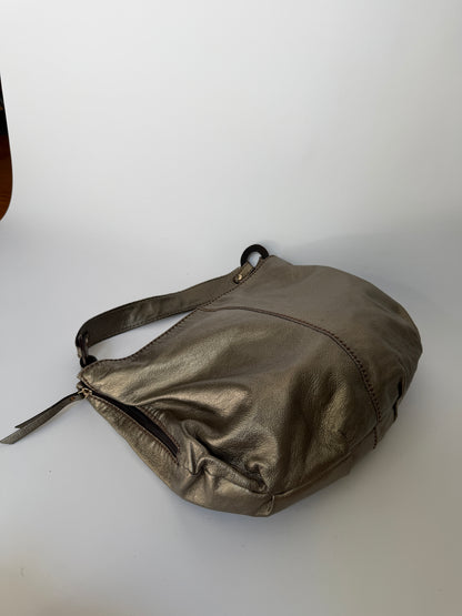 Metallic Dark Silver/Bronze Leather Bag with Wooden Ring Hardware