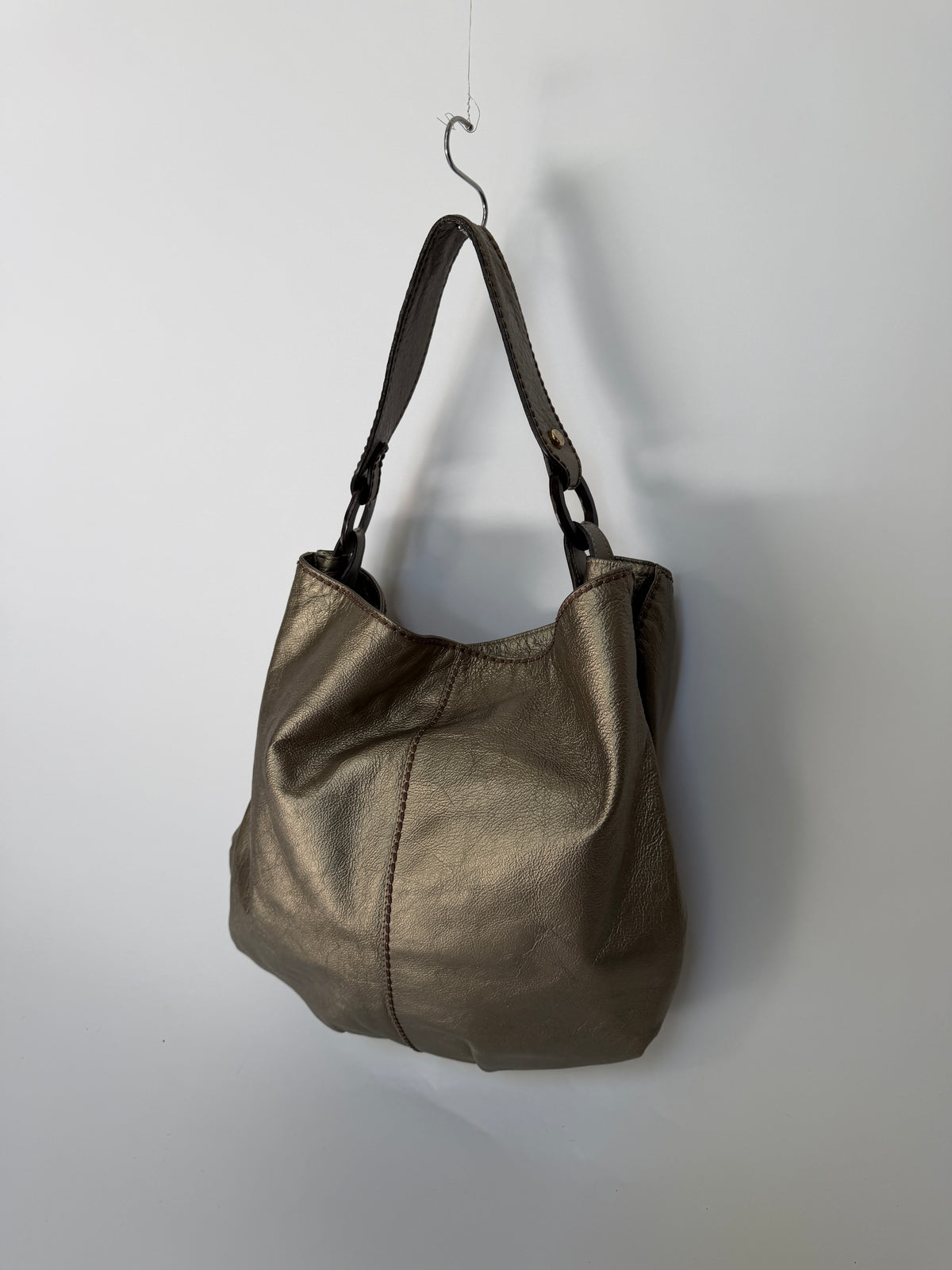 Metallic Dark Silver/Bronze Leather Bag with Wooden Ring Hardware