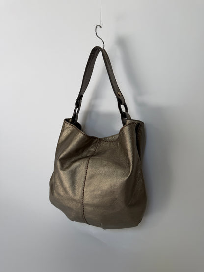 Metallic Dark Silver/Bronze Leather Bag with Wooden Ring Hardware