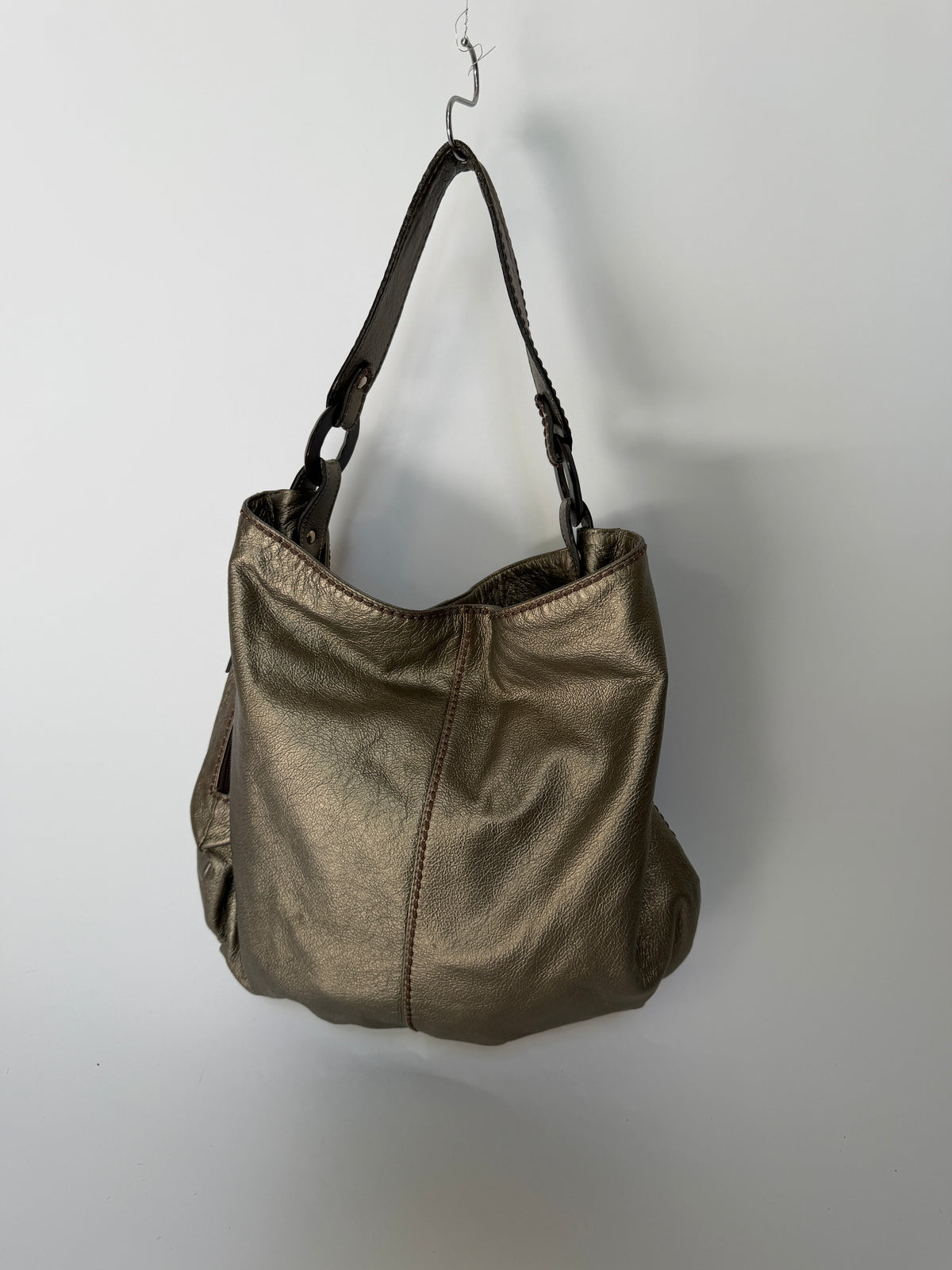 Metallic Dark Silver/Bronze Leather Bag with Wooden Ring Hardware