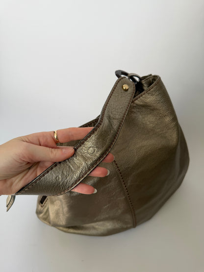 Metallic Dark Silver/Bronze Leather Bag with Wooden Ring Hardware