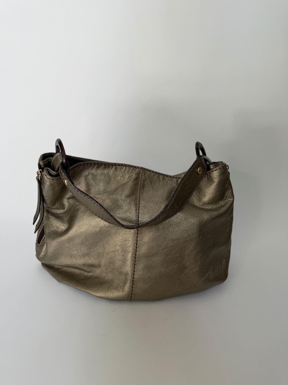 Metallic Dark Silver/Bronze Leather Bag with Wooden Ring Hardware