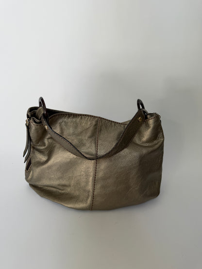 Metallic Dark Silver/Bronze Leather Bag with Wooden Ring Hardware