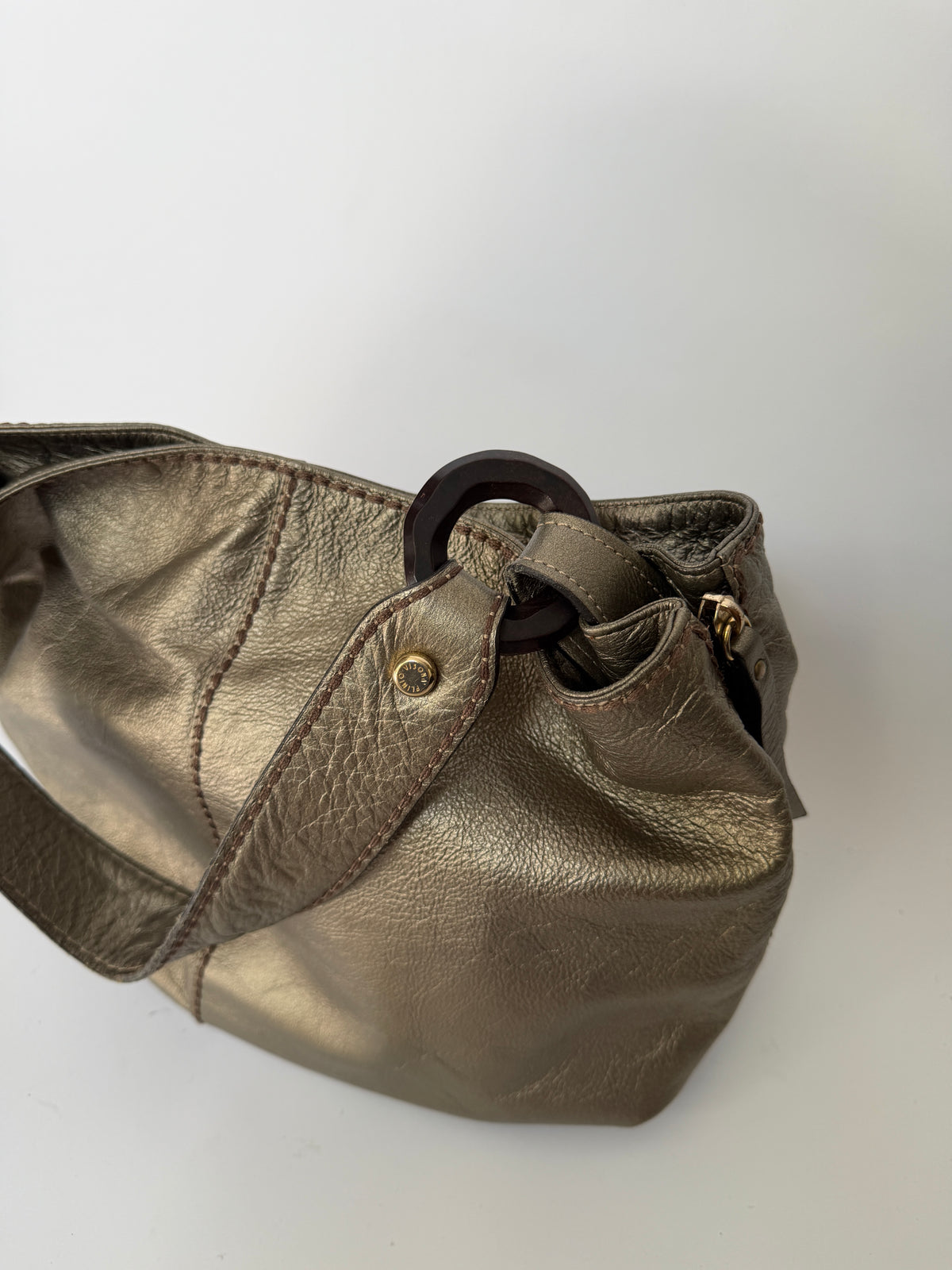 Metallic Dark Silver/Bronze Leather Bag with Wooden Ring Hardware