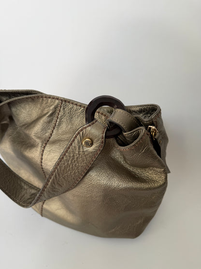 Metallic Dark Silver/Bronze Leather Bag with Wooden Ring Hardware