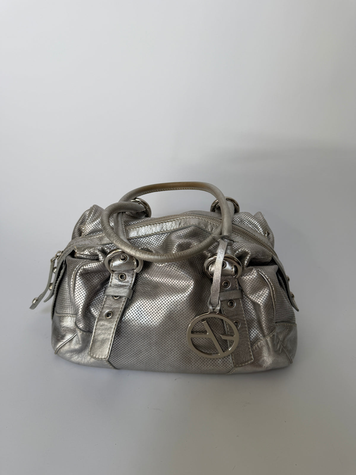Silver Leather Shoulder Bag with Buckle Straps and Logo Charm