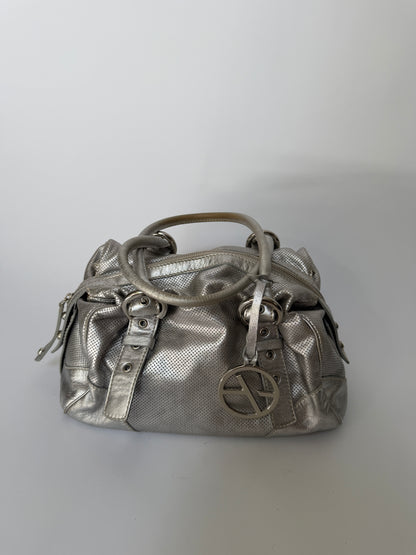 Silver Leather Shoulder Bag with Buckle Straps and Logo Charm