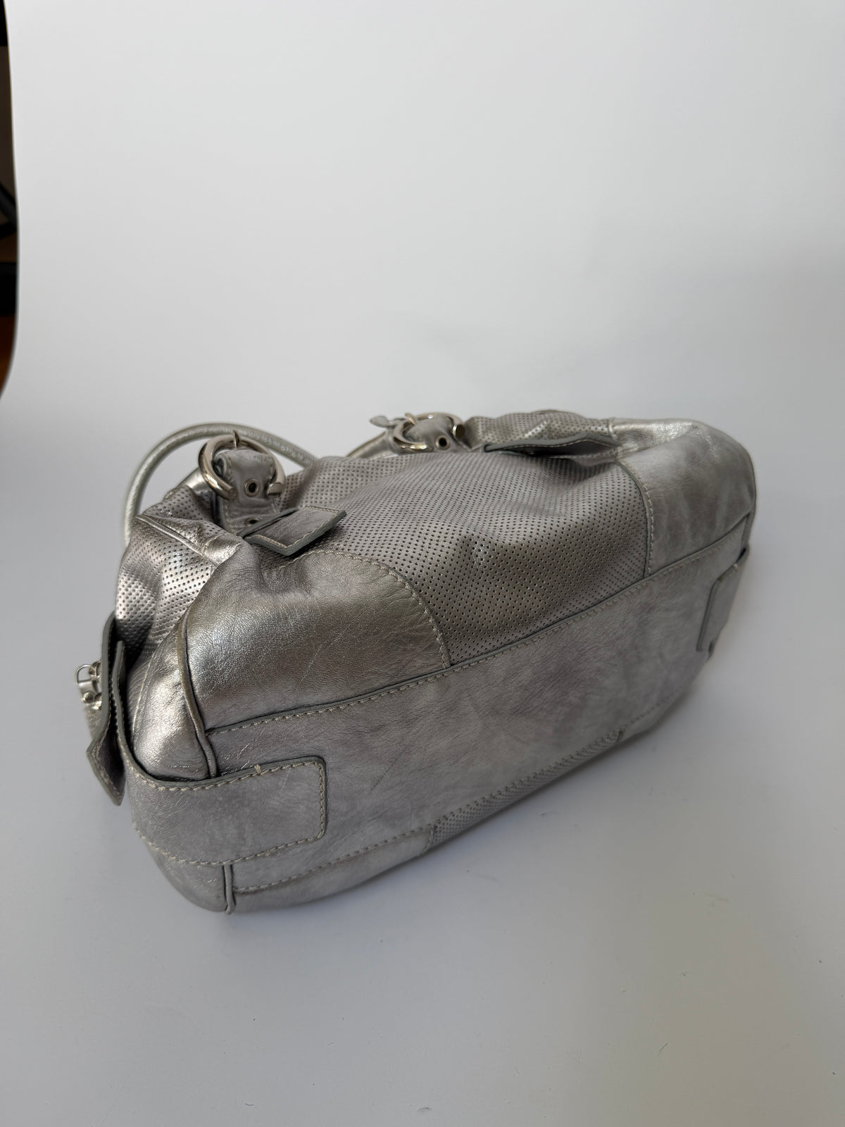 Silver Leather Shoulder Bag with Buckle Straps and Logo Charm