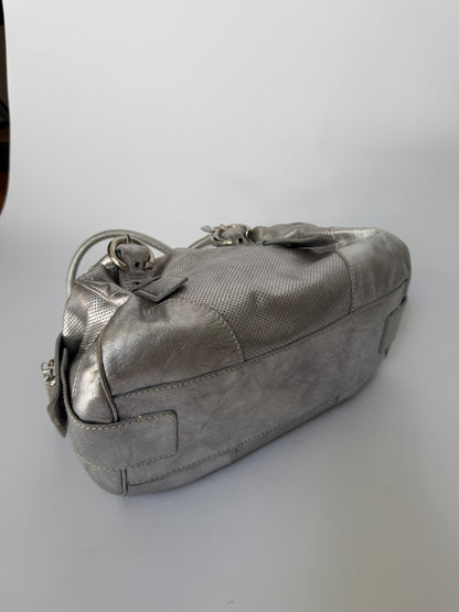 Silver Leather Shoulder Bag with Buckle Straps and Logo Charm