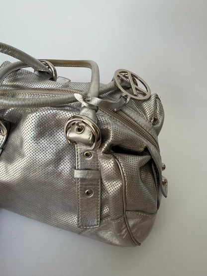 Silver Leather Shoulder Bag with Buckle Straps and Logo Charm