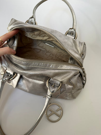 Silver Leather Shoulder Bag with Buckle Straps and Logo Charm