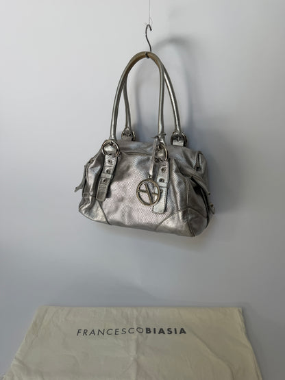 Silver Leather Shoulder Bag with Buckle Straps and Logo Charm