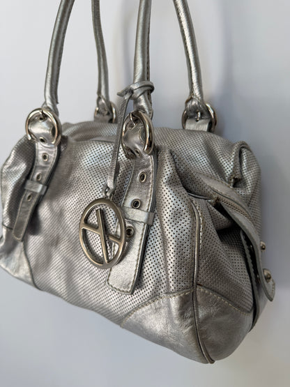 Silver Leather Shoulder Bag with Buckle Straps and Logo Charm
