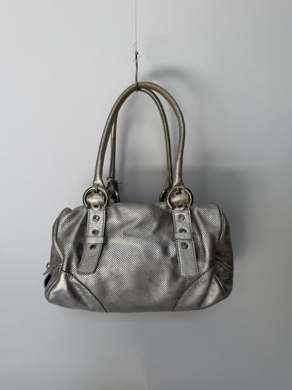 Silver Leather Shoulder Bag with Buckle Straps and Logo Charm