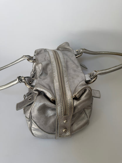 Silver Leather Shoulder Bag with Buckle Straps and Logo Charm